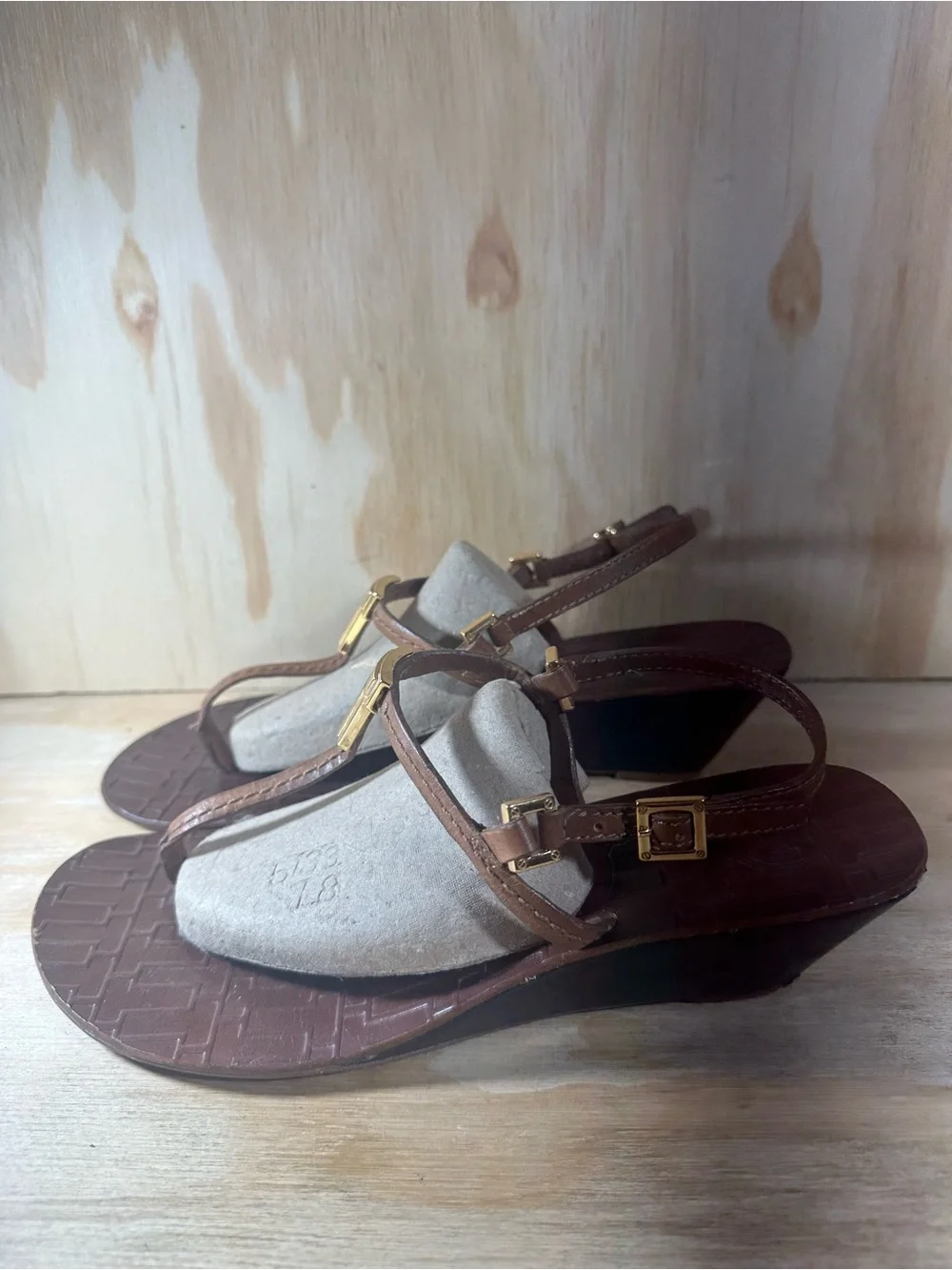 Tory Burch Brown Wedge Sandals with Gold Accents Women’s Size 9